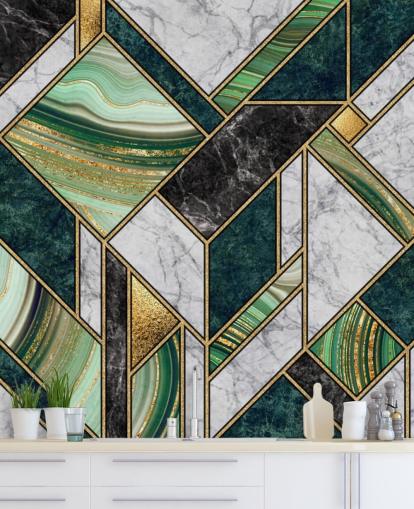 art deco groen en grijs marmer en goud geometrisch behang