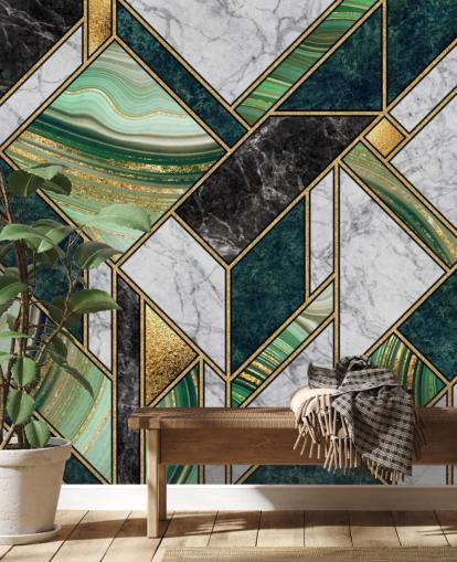 Art Deco grün und grau Marmor und Gold geometrische Tapete