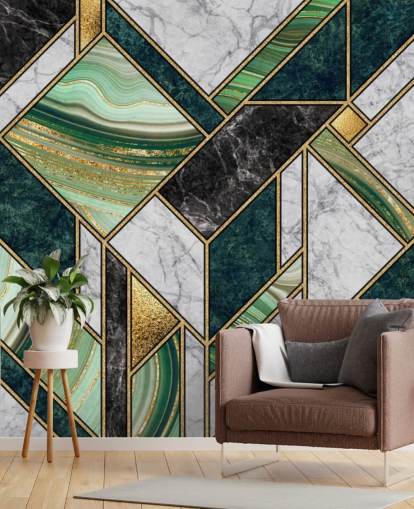 art deco green and grey marble and gold geometric wallpaper