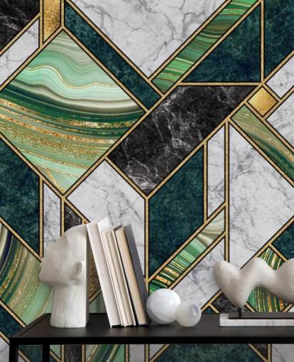 art deco grøn og grå marmor og guld geometrisk tapet