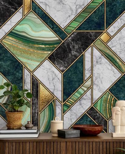 art deco green and grey marble and gold geometric wallpaper