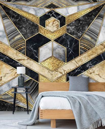 grå och svart marmor med guld art deco design tapet