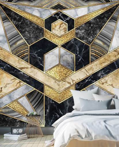 papel pintado de mármol gris y negro con diseño art deco dorado