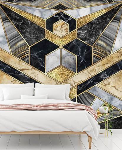 marmo grigio e nero con carta da parati dorata in stile art deco