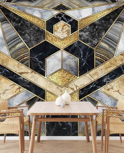 gray and black marble with gold art deco design wallpaper