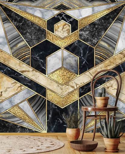 mármore cinza e preto com papel de parede de design art déco dourado mármore cinza e preto com papel de parede de design art déco dourado