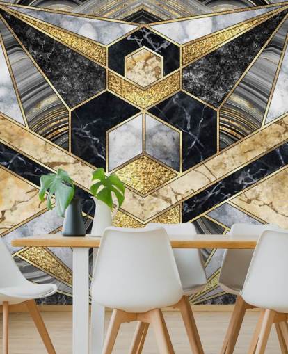 marmo grigio e nero con carta da parati dorata in stile art deco