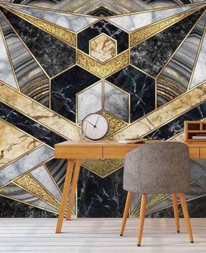 grey and black marble with gold art deco design wallpaper