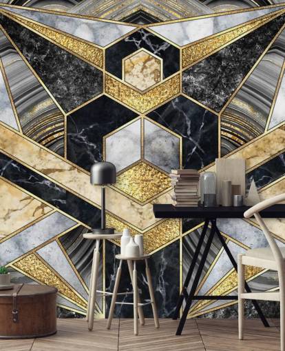 gray and black marble with gold art deco design wallpaper