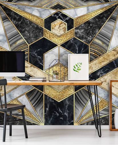 marmo grigio e nero con carta da parati dorata in stile art deco