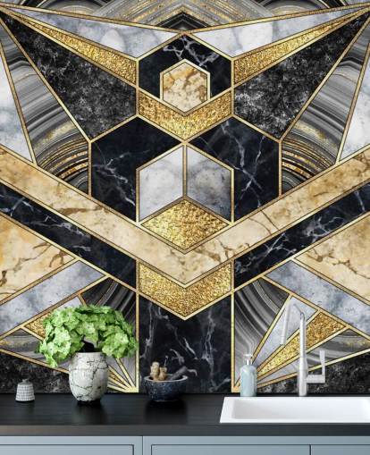 grå og sort marmor med guld art deco design tapet