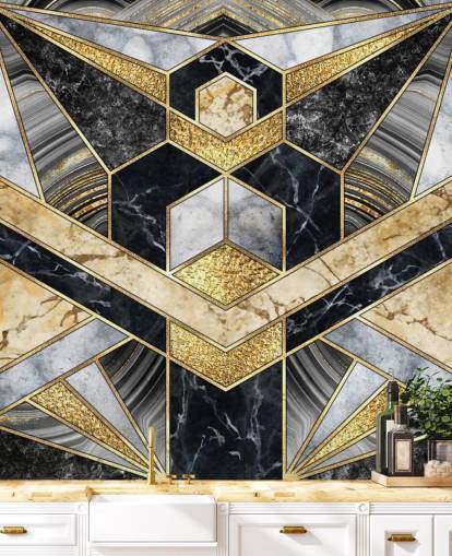 mármore cinza e preto com papel de parede de design art déco dourado