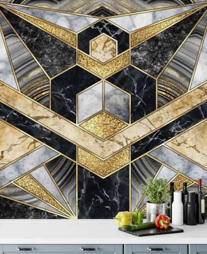 papel pintado de mármol gris y negro con diseño art deco dorado