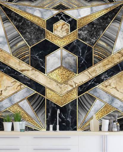 gray and black marble with gold art deco design wallpaper