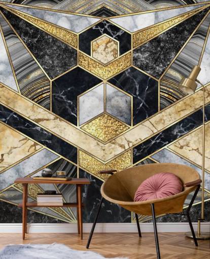 gray and black marble with gold art deco design wallpaper