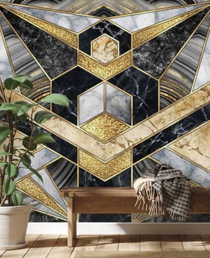 papel pintado de mármol gris y negro con diseño art deco dorado