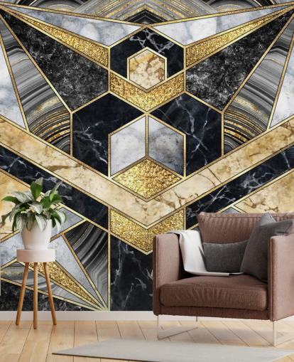 mármore cinza e preto com papel de parede de design art déco dourado