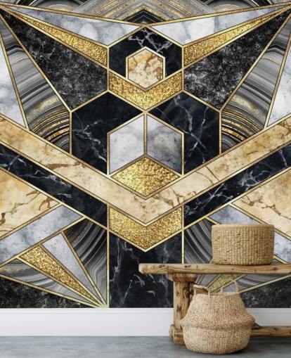 papel pintado de mármol gris y negro con diseño art deco dorado