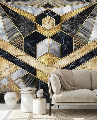 marmo grigio e nero con carta da parati dorata in stile art deco