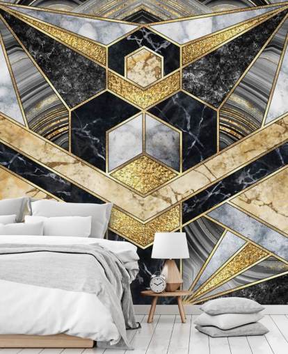 gray and black marble with gold art deco design wallpaper