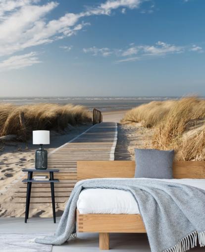 Personalisierbare Strandtapete in Blau und Gold mit dem Namen Windswept Beach Boardwalk für Esszimmer oder Küchen