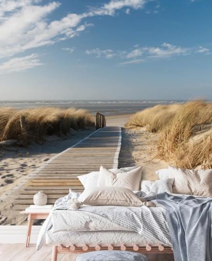 blå og guld tilpasselig strandtapet vægmaleri kaldet WindBeach Boardwalk til spisestuer eller køkkener
