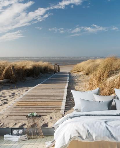 blue and gold customizable beach wallpaper mural called Windswept Beach Boardwalk for dining rooms or kitchens blue and gold customizable beach wallpaper mural called Windswept Beach Boardwalk for dining rooms or kitchens