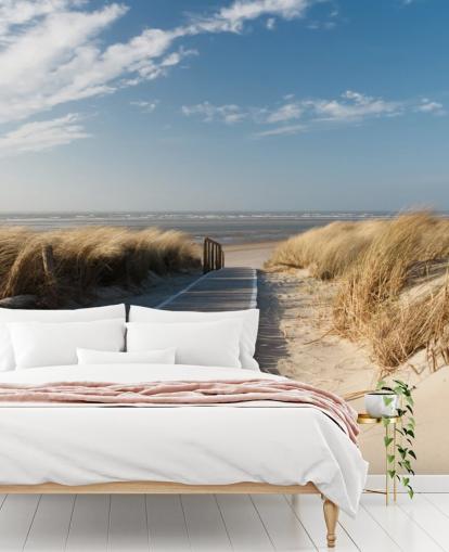 blå og guld tilpasselig strandtapet vægmaleri kaldet WindBeach Boardwalk til spisestuer eller køkkener