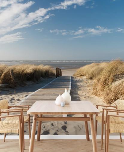 mural de papel pintado de playa personalizable azul y dorado llamado Windswept Beach Boardwalk para comedores o cocinas mural de papel pintado de playa personalizable azul y dorado llamado Windswept Beach Boardwalk para comedores o cocinas