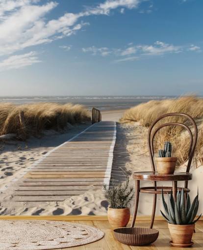 papier peint de plage personnalisable bleu et or appelé Windswept Beach Boardwalk pour les salles à manger ou les cuisines
