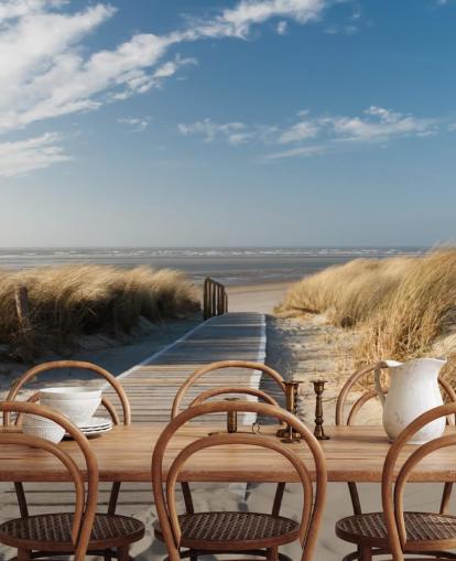 sininen ja kultainen muokattava rantatapetti seinämaalaus nimeltä WindBeach Boardwalk ruokasaleihin tai keittiöihin
