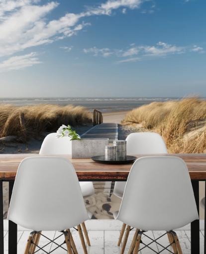 blue and gold customizable beach wallpaper mural called Windswept Beach Boardwalk for dining rooms or kitchens