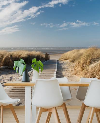 carta da parati murale da spiaggia personalizzabile blu e oro chiamata Windswept Beach Boardwalk per sale da pranzo o cucine