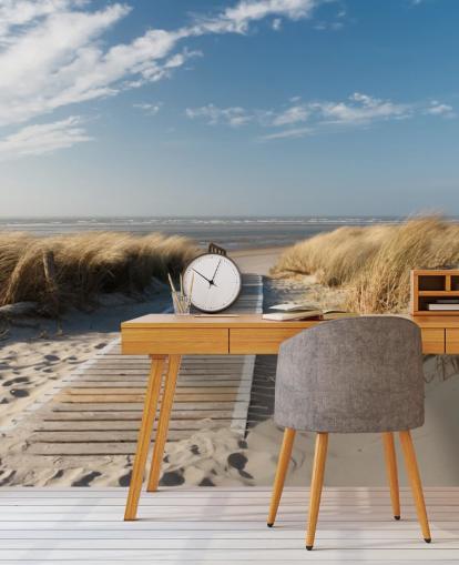 carta da parati murale da spiaggia personalizzabile blu e oro chiamata Windswept Beach Boardwalk per sale da pranzo o cucine carta da parati murale da spiaggia personalizzabile blu e oro chiamata Windswept Beach Boardwalk per sale da pranzo o cucine