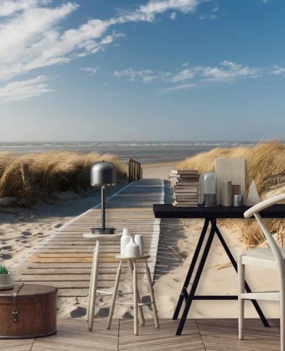 blue and gold customisable beach wallpaper mural called Windswept Beach Boardwalk for dining rooms or kitchens