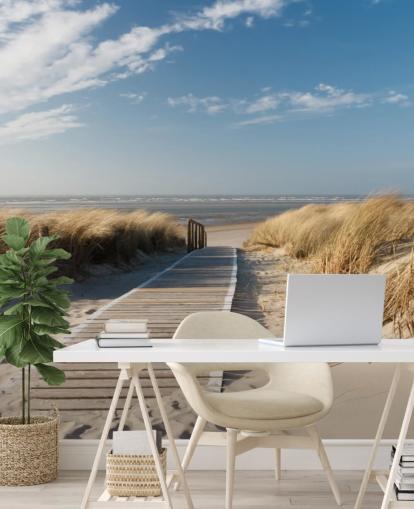 blått og gull tilpassbart strandtapet veggmaleri kalt WindBeach Boardwalk for spisestuer eller kjøkken blått og gull tilpassbart strandtapet veggmaleri kalt WindBeach Boardwalk for spisestuer eller kjøkken