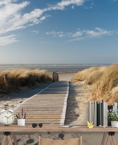 mural de papel de parede de praia personalizável em azul e dourado chamado Windswept Beach Boardwalk para salas de jantar ou cozinhas