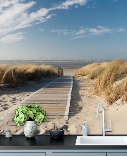 mural de papel de parede de praia personalizável em azul e dourado chamado Windswept Beach Boardwalk para salas de jantar ou cozinhas