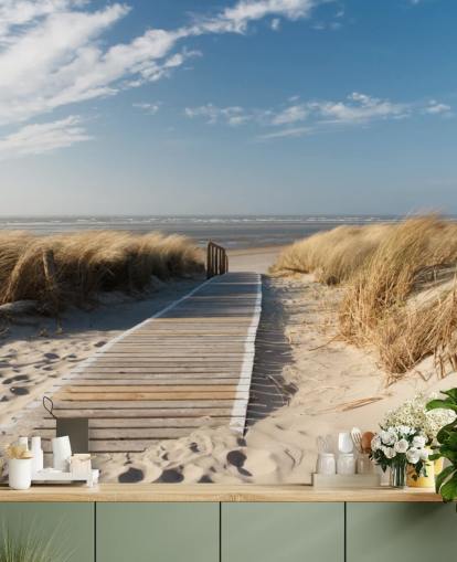 mural de papel de parede de praia personalizável em azul e dourado chamado Windswept Beach Boardwalk para salas de jantar ou cozinhas