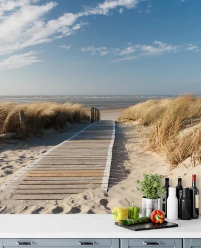 Personalisierbare Strandtapete in Blau und Gold mit dem Namen Windswept Beach Boardwalk für Esszimmer oder Küchen