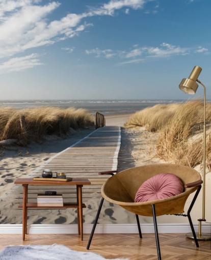 mural de papel de parede de praia personalizável em azul e dourado chamado Windswept Beach Boardwalk para salas de jantar ou cozinhas