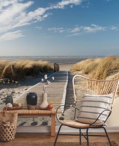 sininen ja kultainen muokattava rantatapetti seinämaalaus nimeltä WindBeach Boardwalk ruokasaleihin tai keittiöihin