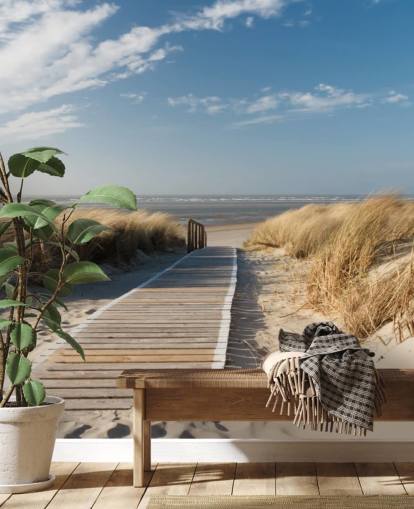 blå og guld tilpasselig strandtapet vægmaleri kaldet WindBeach Boardwalk til spisestuer eller køkkener