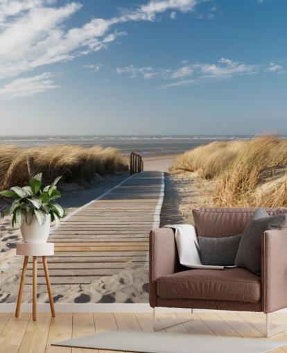 carta da parati murale da spiaggia personalizzabile blu e oro chiamata Windswept Beach Boardwalk per sale da pranzo o cucine