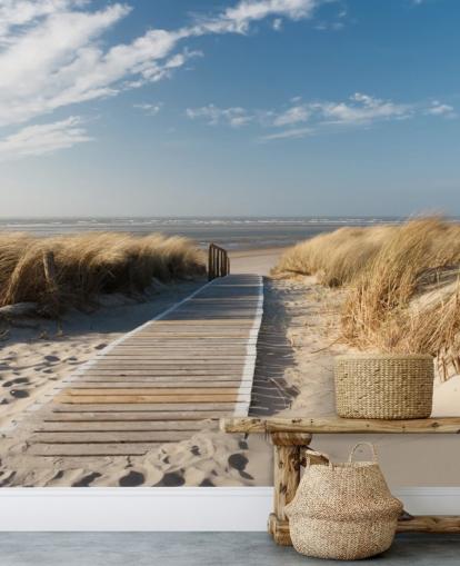blue and gold customizable beach wallpaper mural called Windswept Beach Boardwalk for dining rooms or kitchens