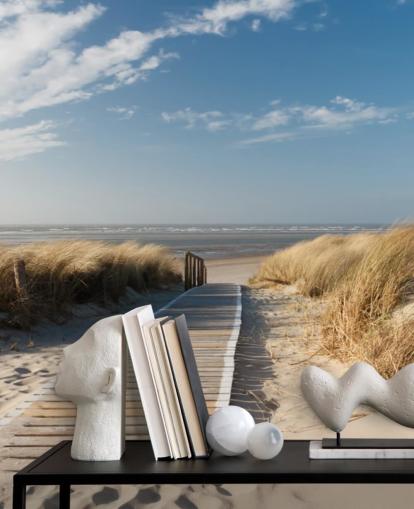 mural de papel de parede de praia personalizável em azul e dourado chamado Windswept Beach Boardwalk para salas de jantar ou cozinhas