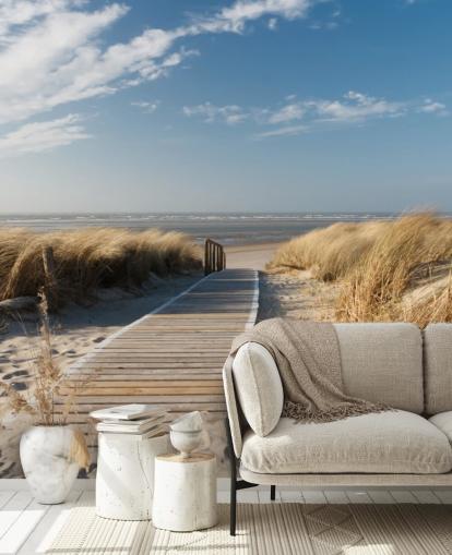 mural de papel de parede de praia personalizável em azul e dourado chamado Windswept Beach Boardwalk para salas de jantar ou cozinhas
