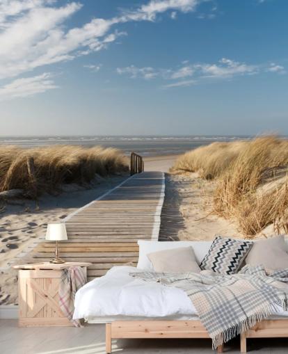 papier peint de plage personnalisable bleu et or appelé Windswept Beach Boardwalk pour les salles à manger ou les cuisines papier peint de plage personnalisable bleu et or appelé Windswept Beach Boardwalk pour les salles à manger ou les cuisines