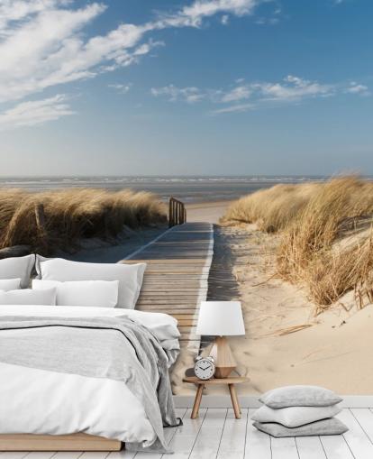 blå och guld anpassningsbar strandtapetväggmålning kallad WindBeach Boardwalk för matsalar eller kök