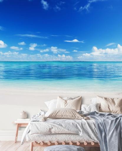 papel pintado de playa personalizable azul y dorado llamado Mar y arena para oficina o dormitorio